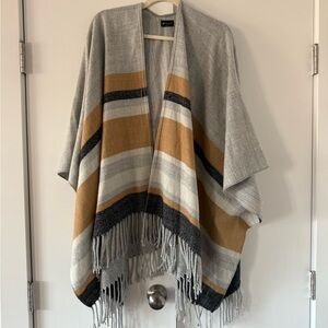 Striped Shawl/Open Poncho with Fringe Detailing